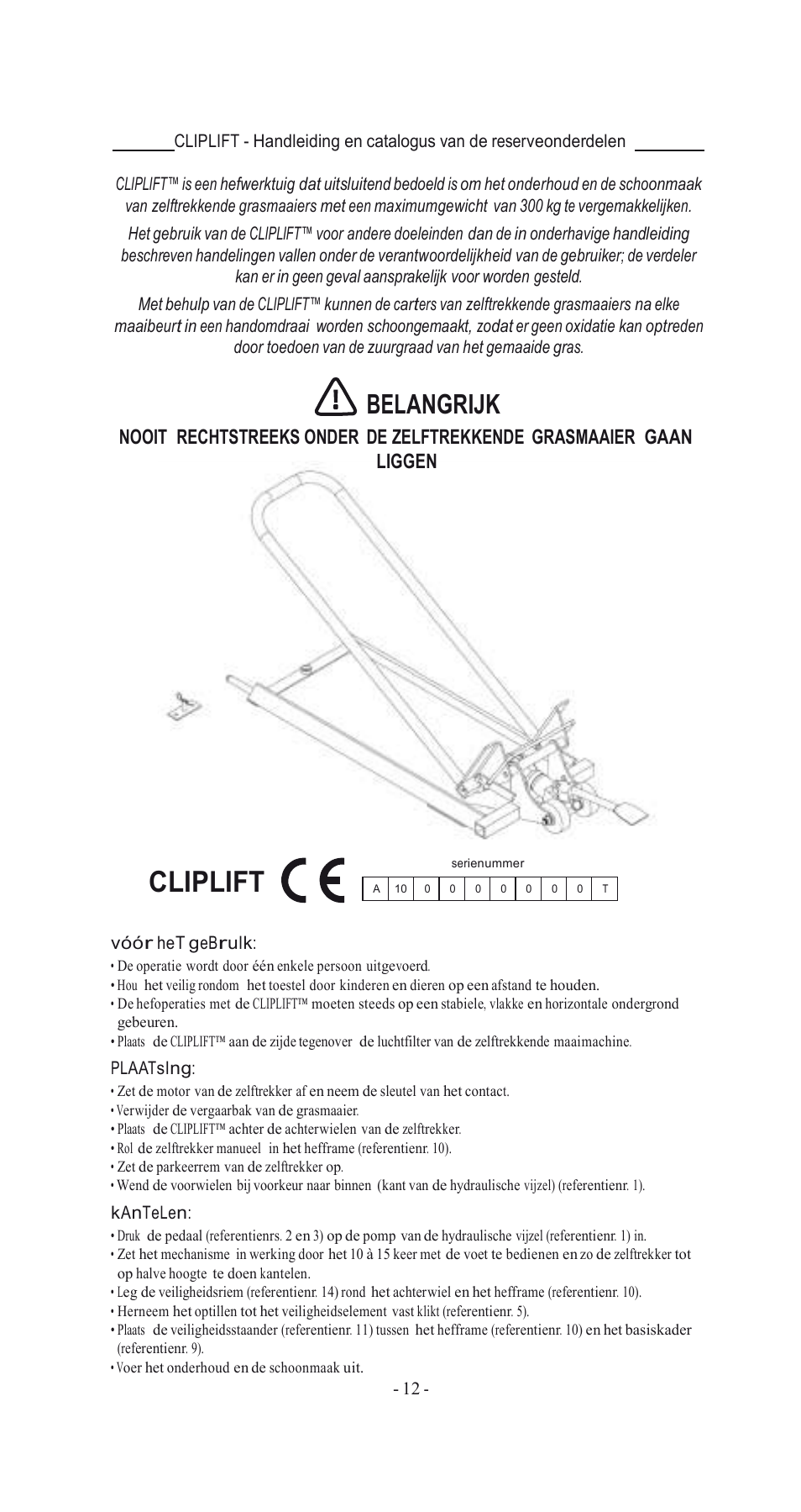 Cliplift, Belangrijk | Havener MJ3000 User Manual | Page 12 / 56