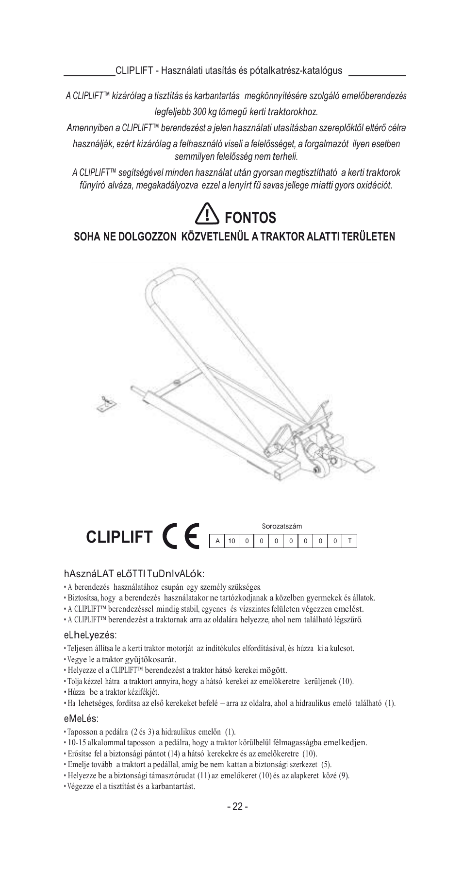 Cliplift, Fontos | Havener MJ3000 User Manual | Page 22 / 56