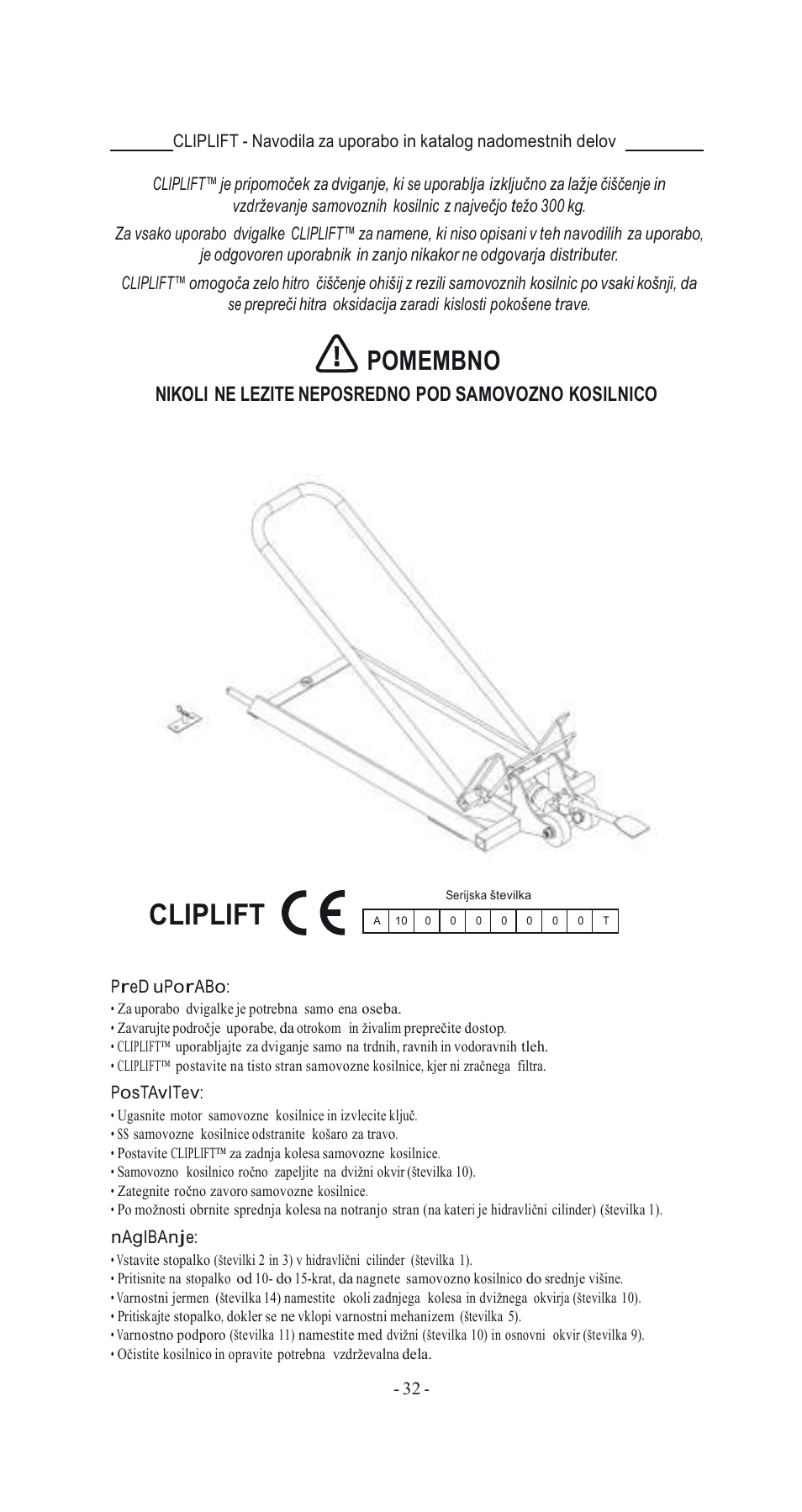Cliplift, Pomembno | Havener MJ3000 User Manual | Page 32 / 56
