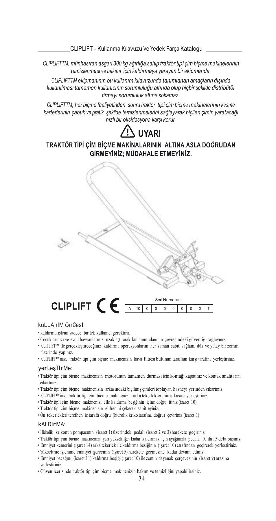 Cliplift, Uyari | Havener MJ3000 User Manual | Page 34 / 56