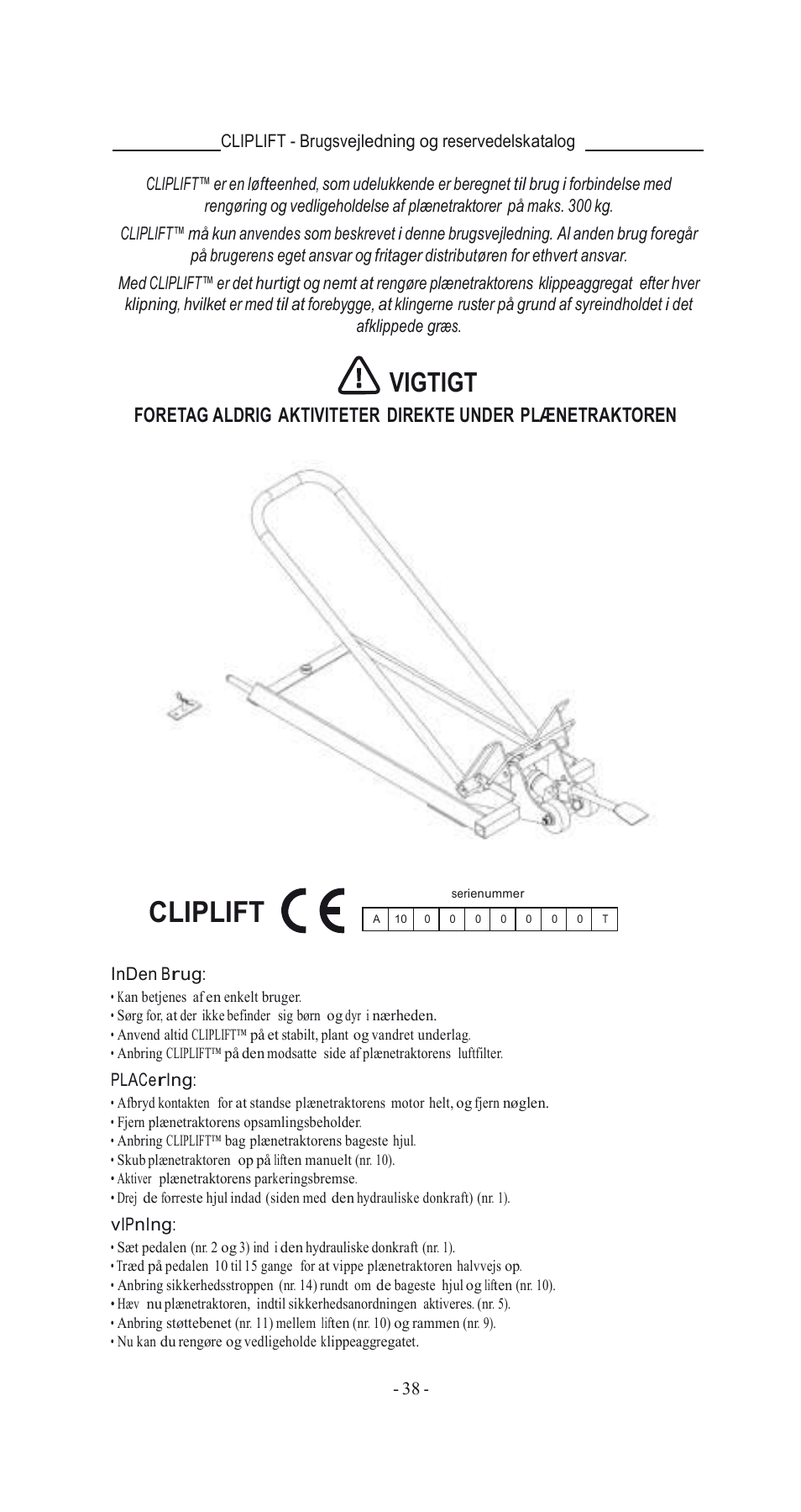 Cliplift, Vigtigt | Havener MJ3000 User Manual | Page 38 / 56