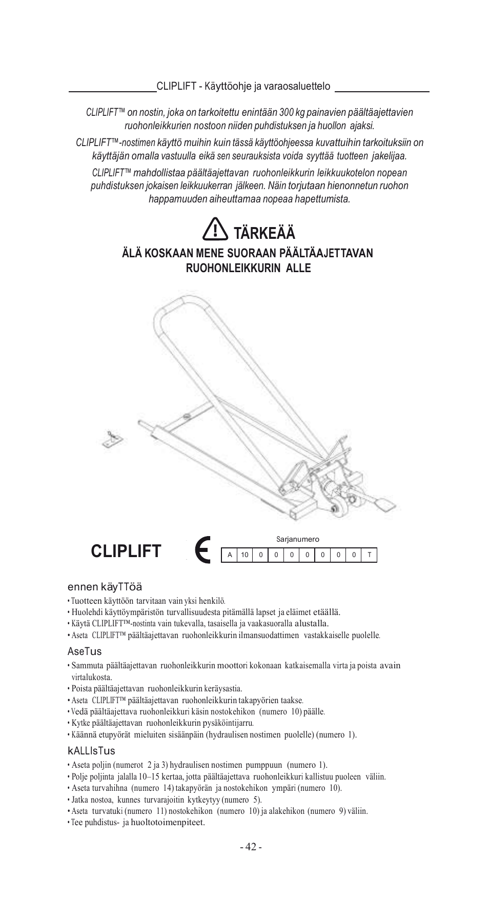 Cliplift, Tärkeää | Havener MJ3000 User Manual | Page 42 / 56