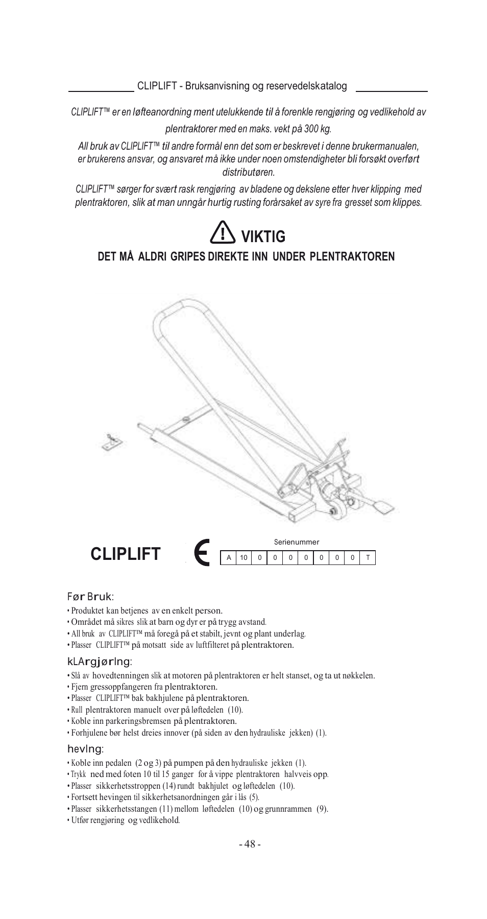 Cliplift, Viktig | Havener MJ3000 User Manual | Page 48 / 56