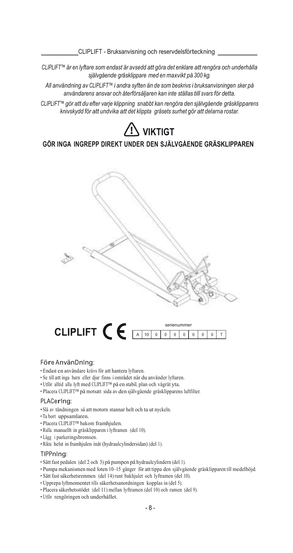 Cliplift, Viktigt | Havener MJ3000 User Manual | Page 8 / 56