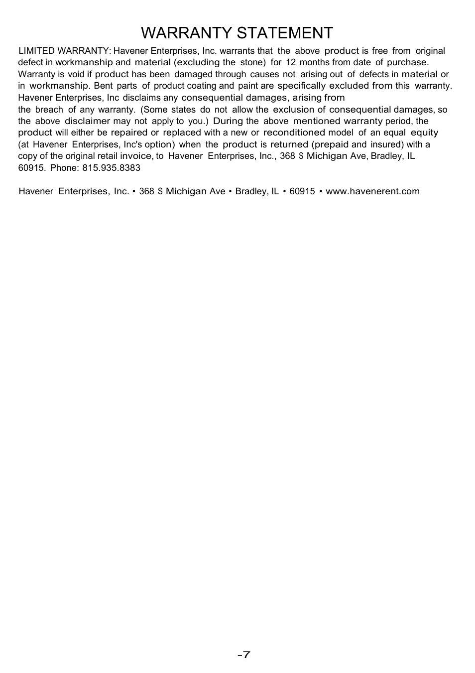 Warranty statement | Havener S81-3 User Manual | Page 8 / 8