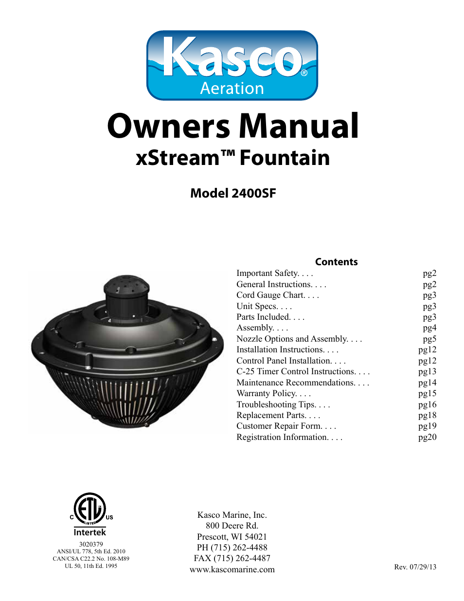 Kasco Marine 2400SF xStream User Manual | 20 pages
