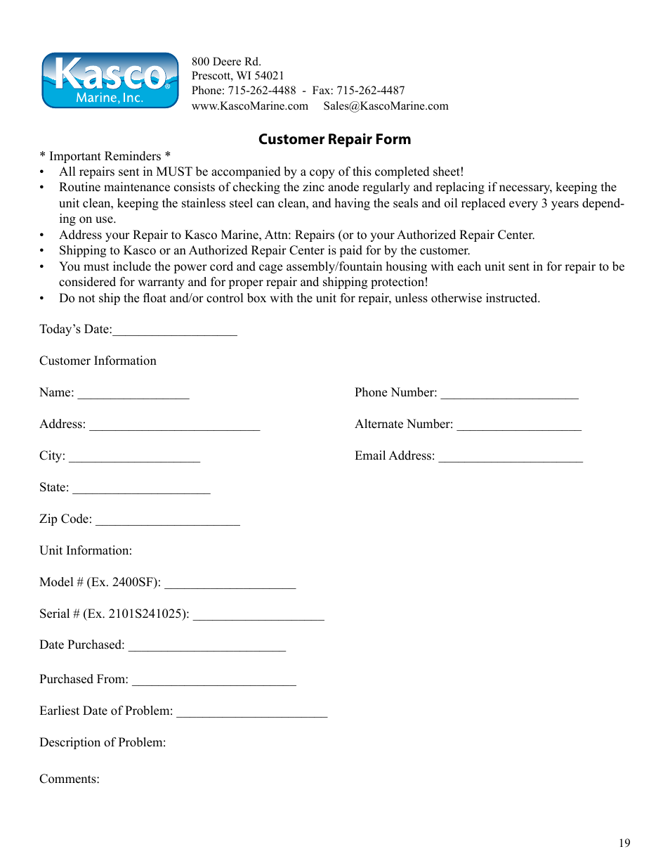 Kasco Marine 2400SF xStream User Manual | Page 19 / 20