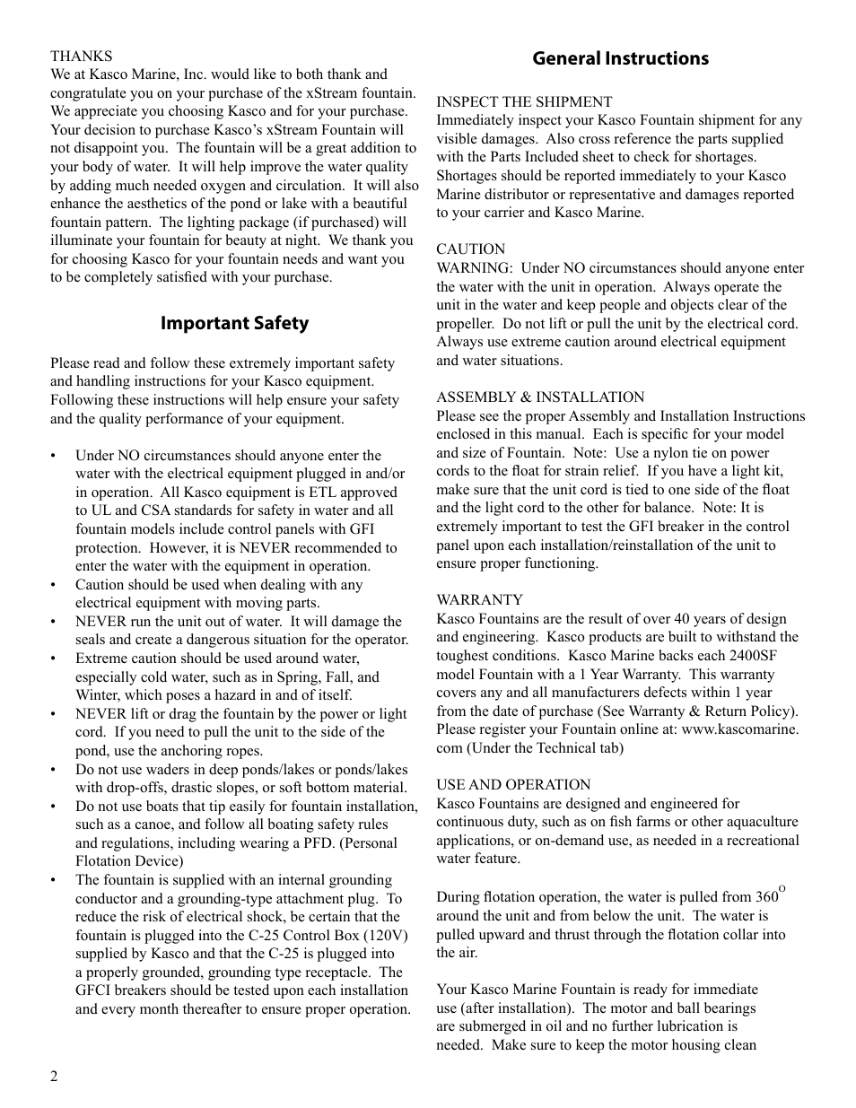 Important safety, General instructions | Kasco Marine 2400SF xStream User Manual | Page 2 / 20