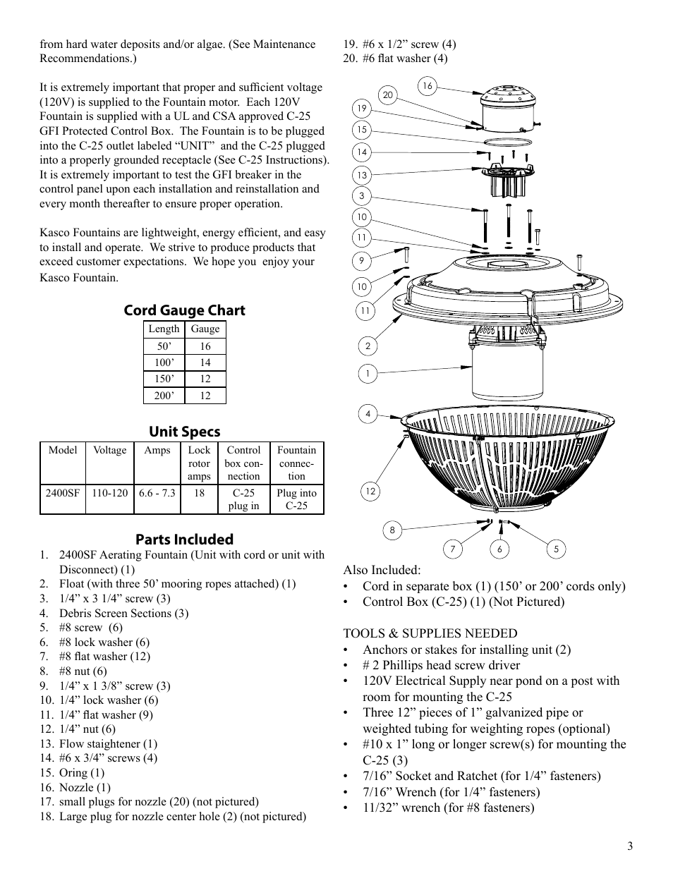 Cord gauge chart, Unit specs, Parts included | Kasco Marine 2400SF xStream User Manual | Page 3 / 20