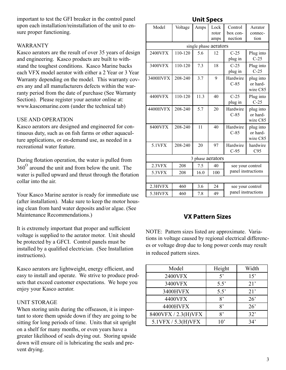 Unit specs, Vx pattern sizes | Kasco Marine VFX Series User Manual | Page 3 / 24