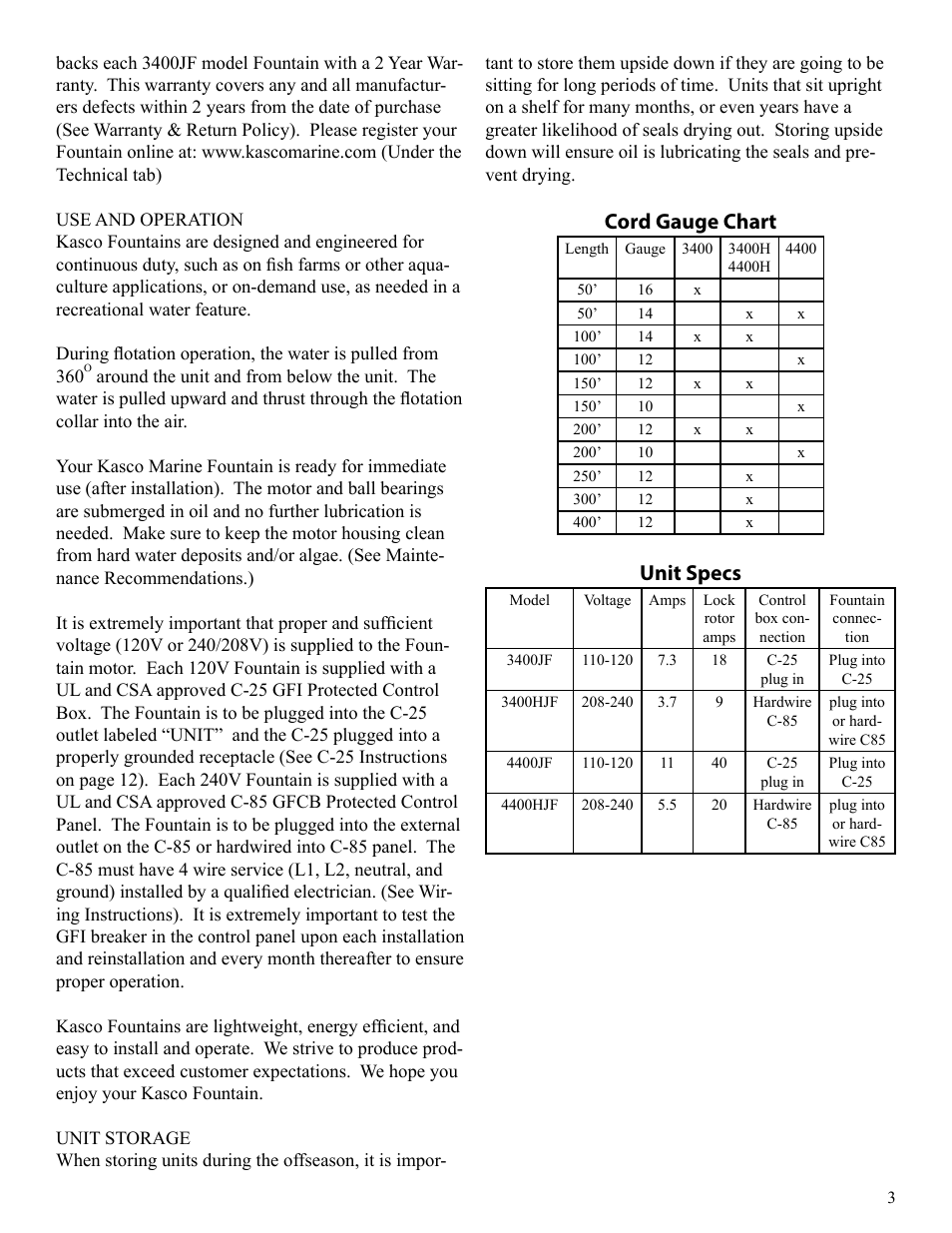 Cord gauge chart, Unit specs | Kasco Marine 4400HJF User Manual | Page 3 / 24
