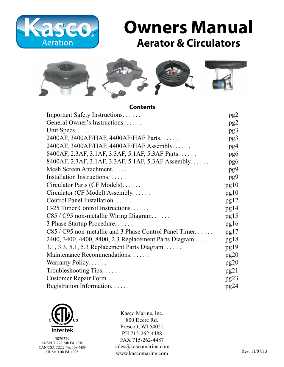 Kasco Marine Pond Aerator & Water Circulator User Manual | 24 pages