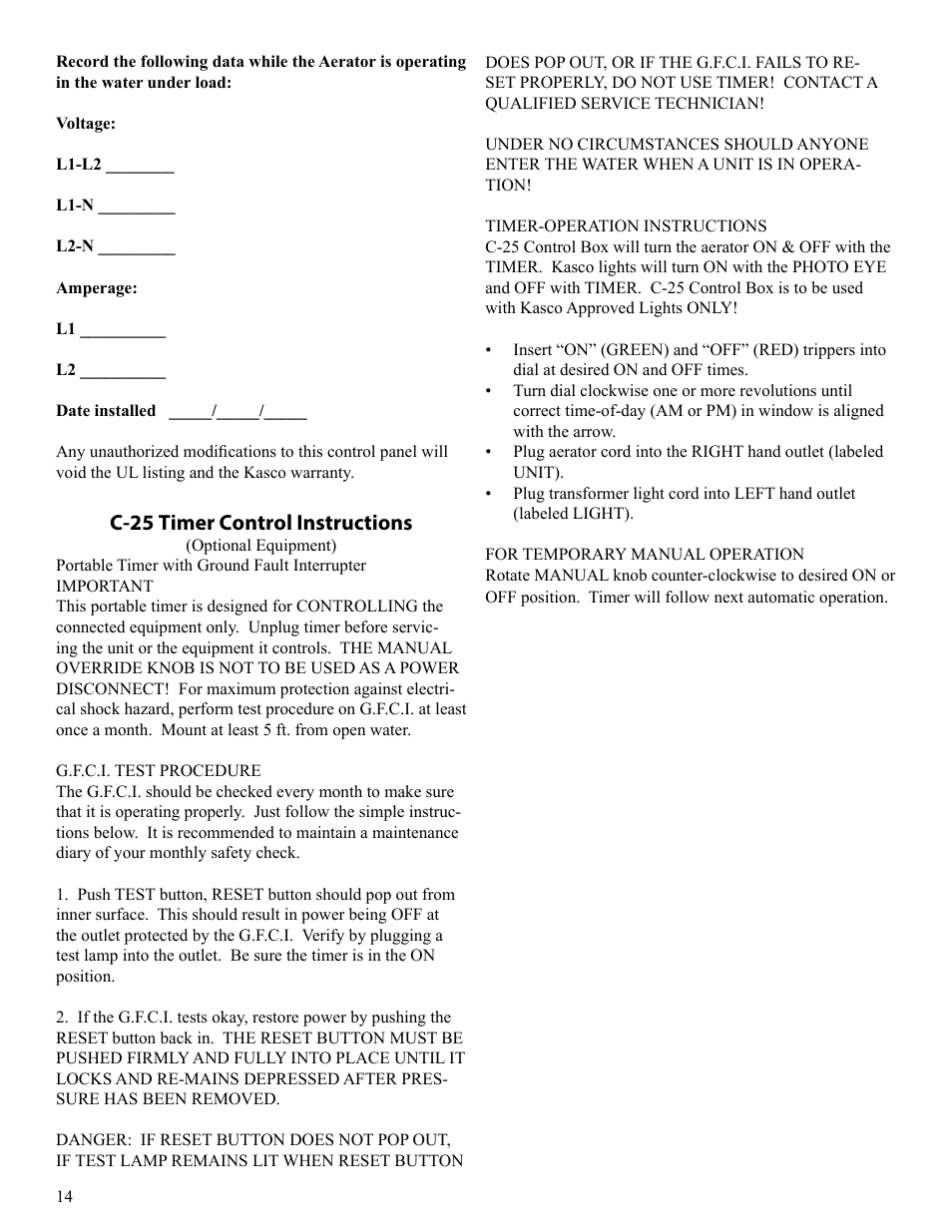 C-25 timer control instructions | Kasco Marine Pond Aerator & Water Circulator User Manual | Page 14 / 24