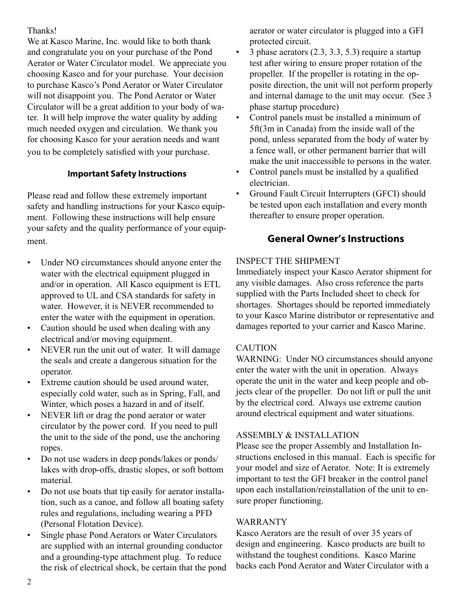 Kasco Marine Pond Aerator & Water Circulator User Manual | Page 2 / 24