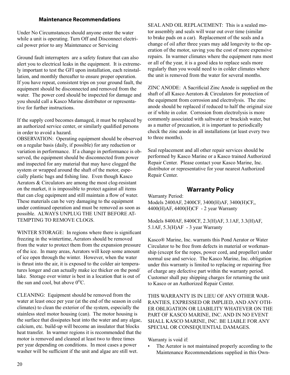 Warranty policy | Kasco Marine Pond Aerator & Water Circulator User Manual | Page 20 / 24