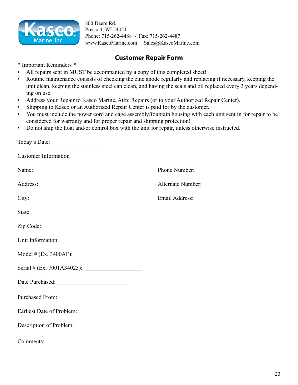 Kasco Marine Pond Aerator & Water Circulator User Manual | Page 23 / 24