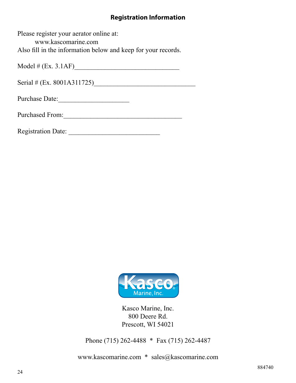 Kasco Marine Pond Aerator & Water Circulator User Manual | Page 24 / 24