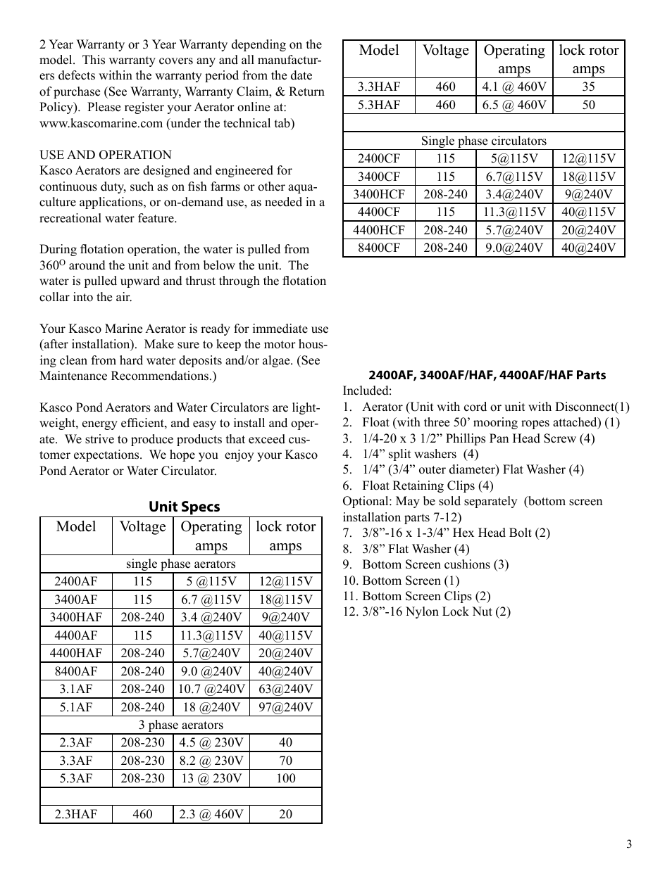 Kasco Marine Pond Aerator & Water Circulator User Manual | Page 3 / 24