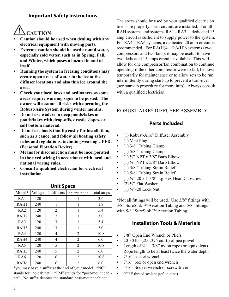 Important safety instructions, Caution, Unit specs | Robust-aire, Diffuser assembly parts included, Installation tools & materials | Kasco Marine Robust-Aire User Manual | Page 2 / 12