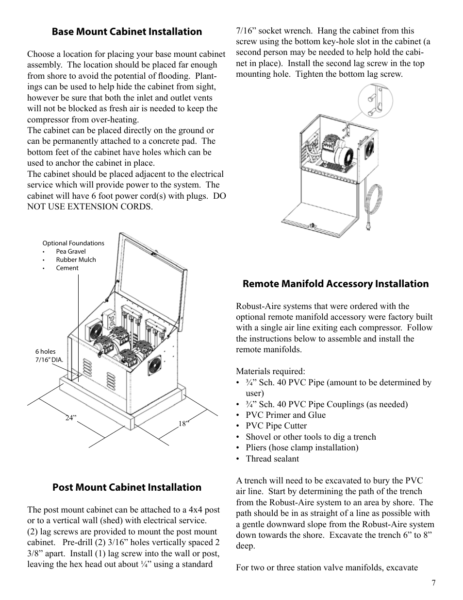 Remote manifold accessory installation, Base mount cabinet installation, Post mount cabinet installation | Kasco Marine Robust-Aire User Manual | Page 7 / 12