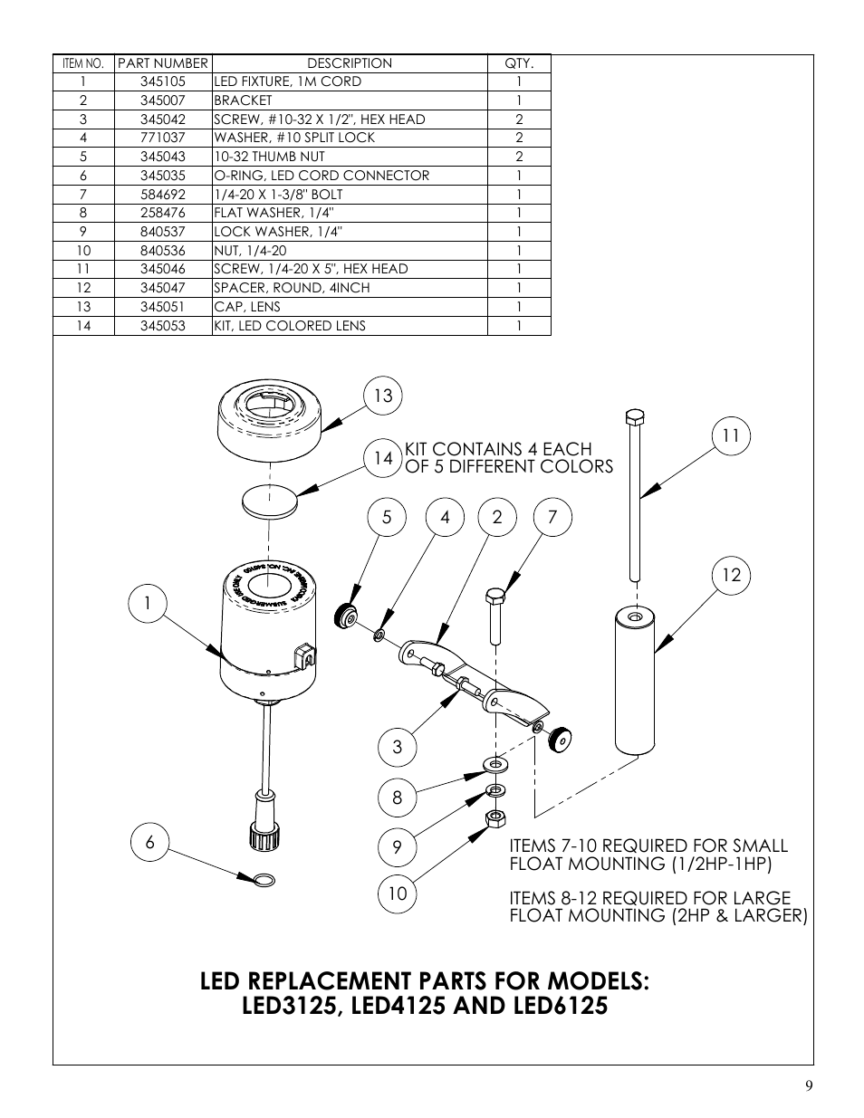 Replacement parts | Kasco Marine LED6125 User Manual | Page 9 / 12