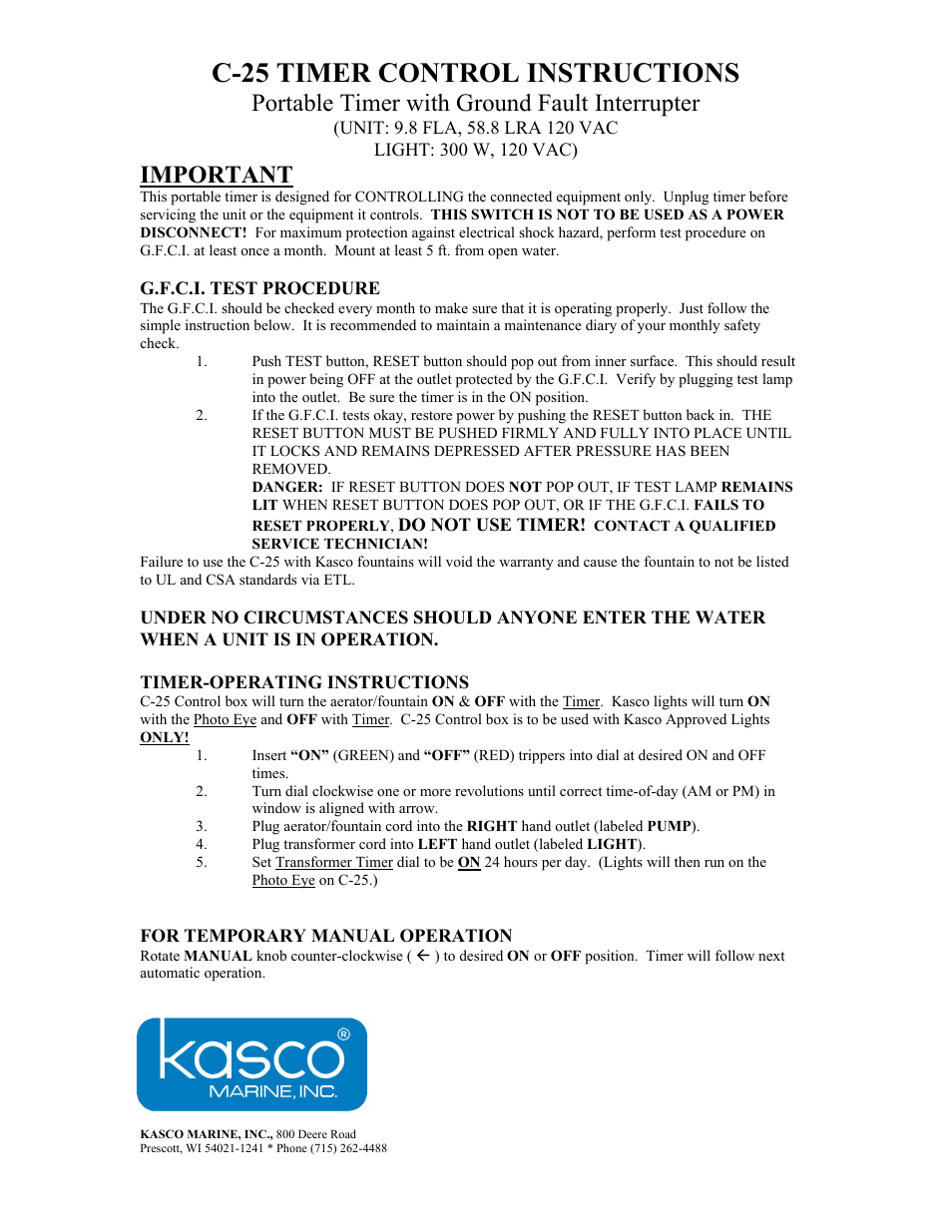 Kasco Marine C-25 TIMER CONTROL User Manual | 1 page