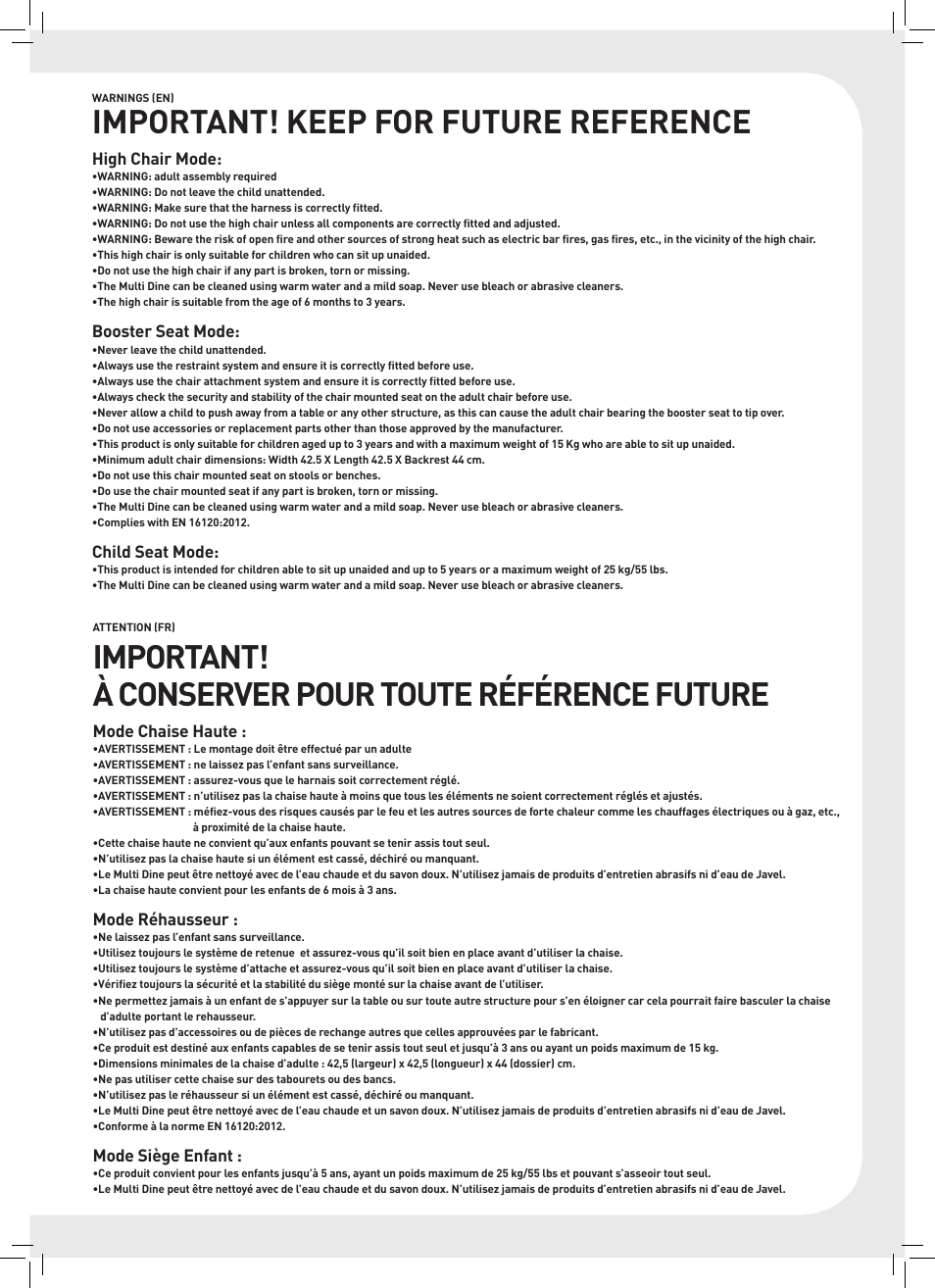 Important! keep for future reference, Important! à conserver pour toute référence future | Keter Multi Dine - High Chair User Manual | Page 3 / 28