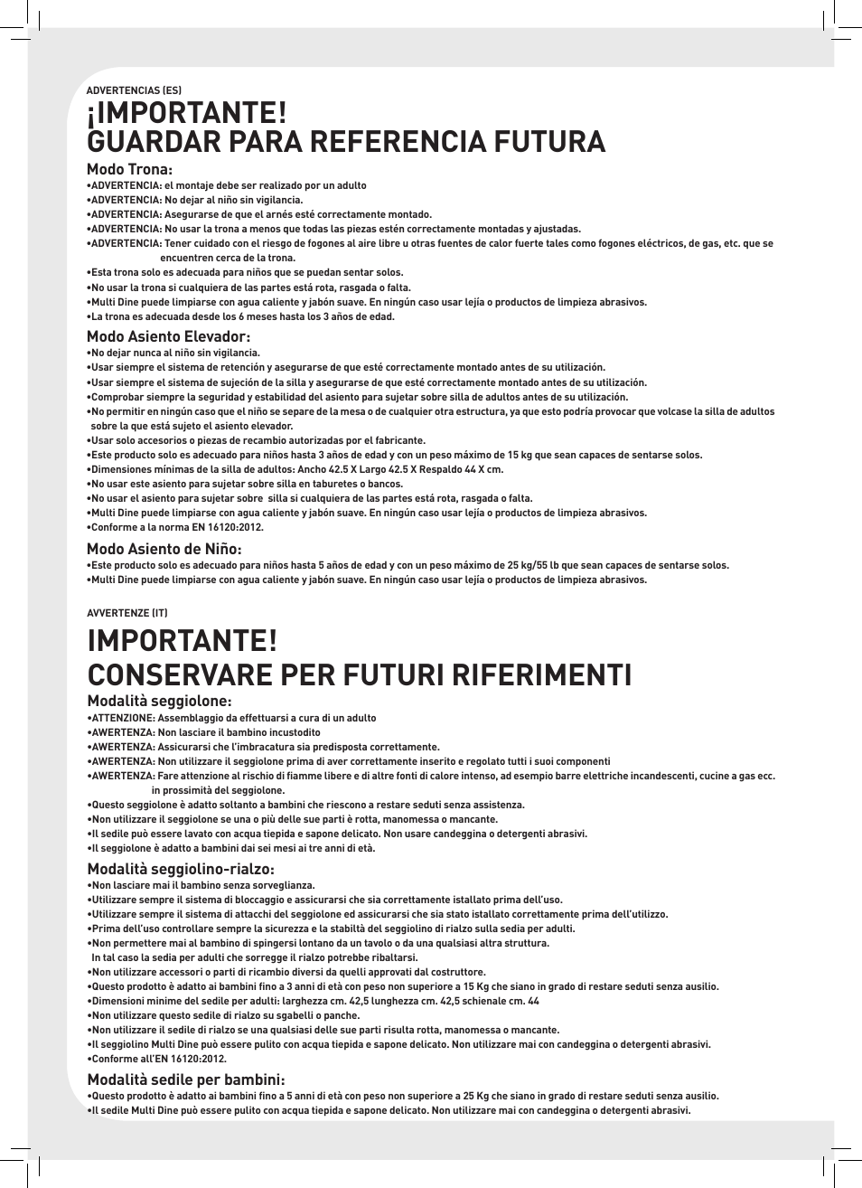 Importante! guardar para referencia futura, Importante! conservare per futuri riferimenti | Keter Multi Dine - High Chair User Manual | Page 4 / 28