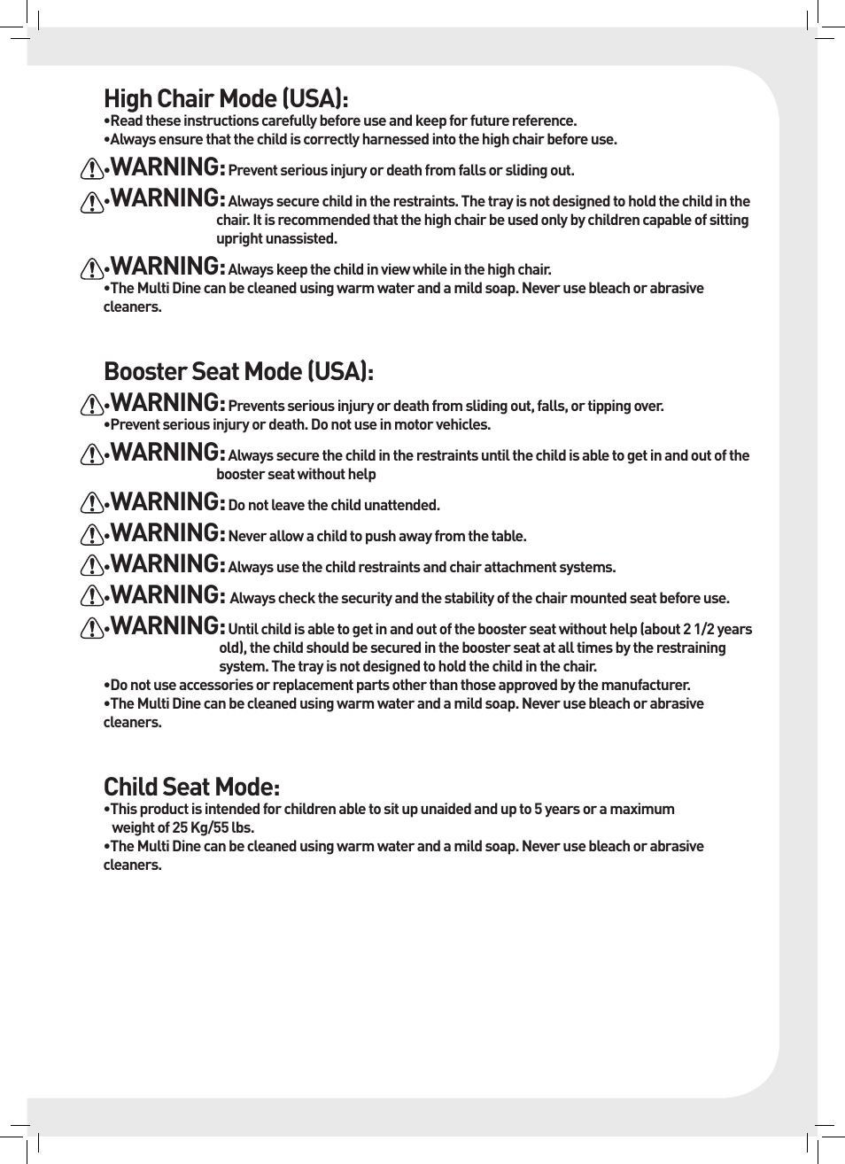 High chair mode (usa), Warning, Booster seat mode (usa) | Child seat mode | Keter Multi Dine - High Chair User Manual | Page 9 / 28
