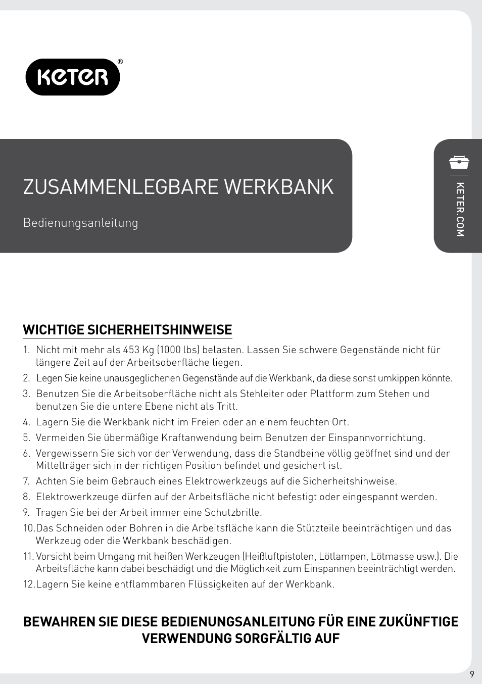 Zusammenlegbare werkbank, Wichtige sicherheitshinweise | Keter Folding Work Table EX User Manual | Page 11 / 20