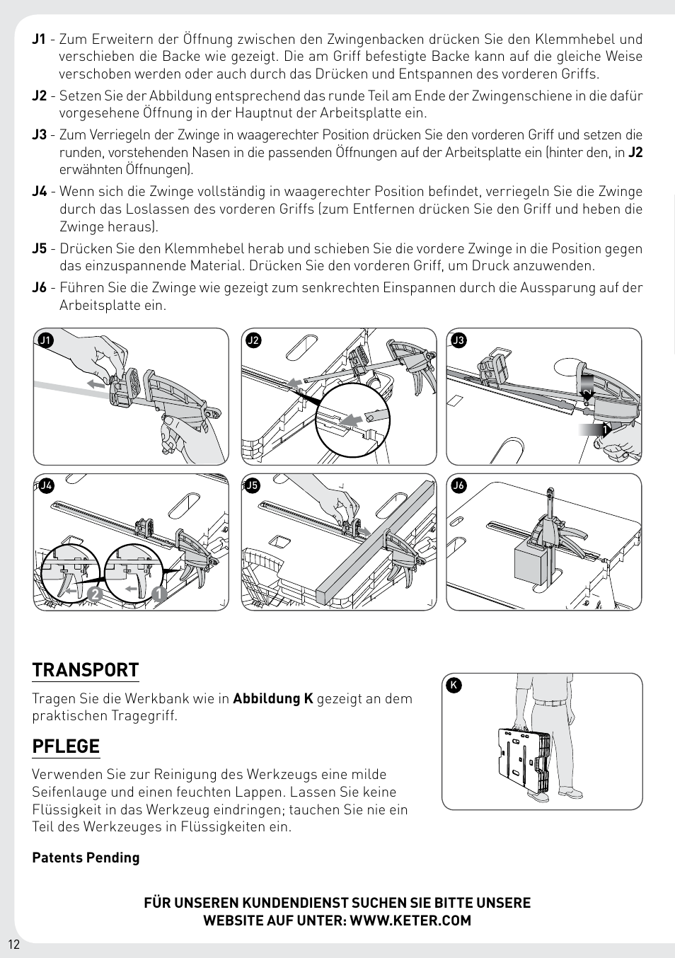Transport, Pflege | Keter Folding Work Table EX User Manual | Page 14 / 20