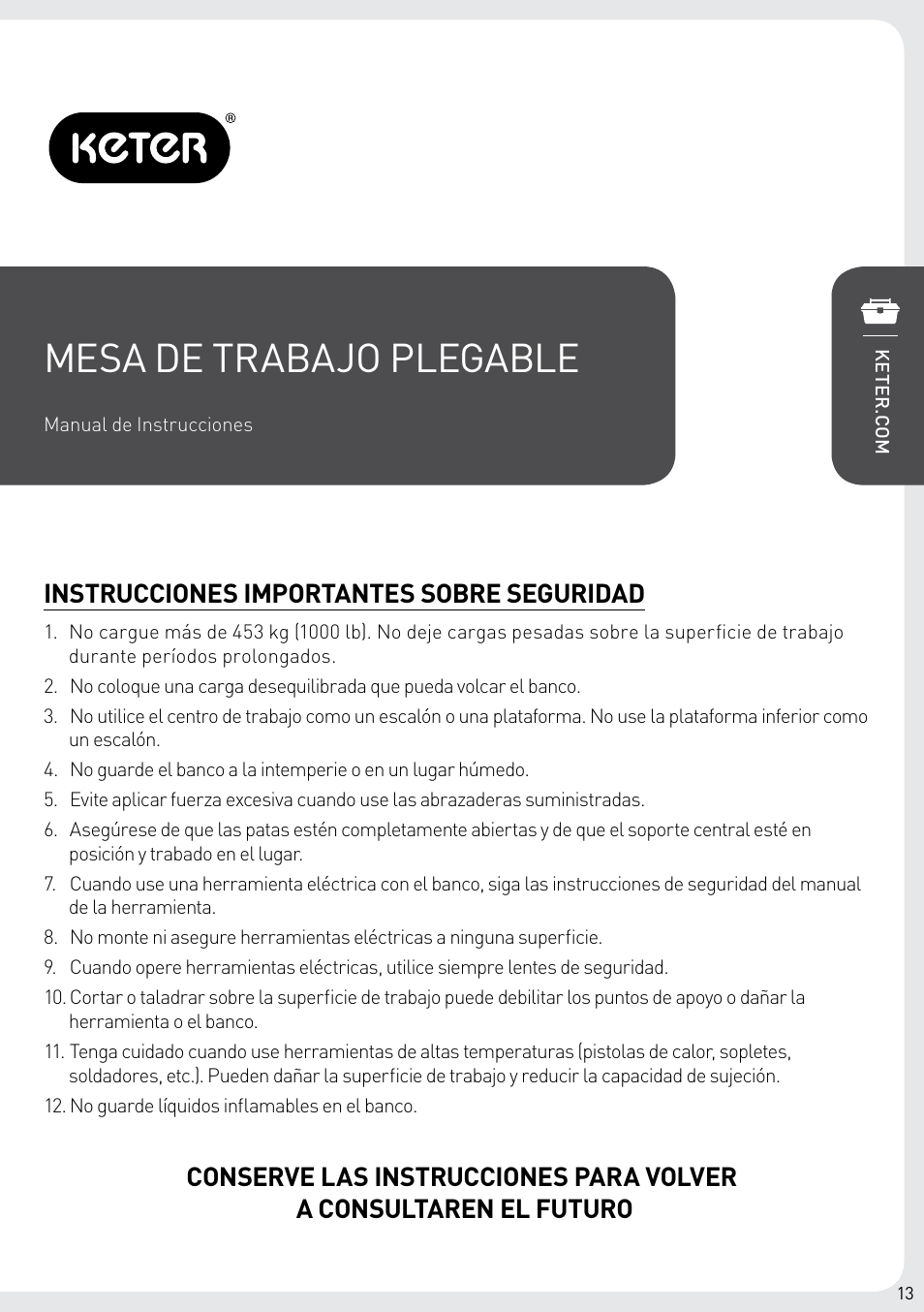 Mesa de trabajo plegable, Instrucciones importantes sobre seguridad | Keter Folding Work Table EX User Manual | Page 15 / 20