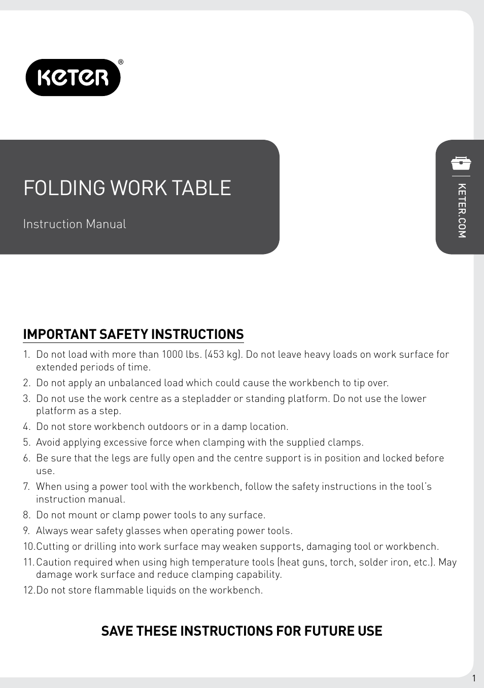 Folding work table, Important safety instructions, Save these instructions for future use | Keter Folding Work Table EX User Manual | Page 3 / 20