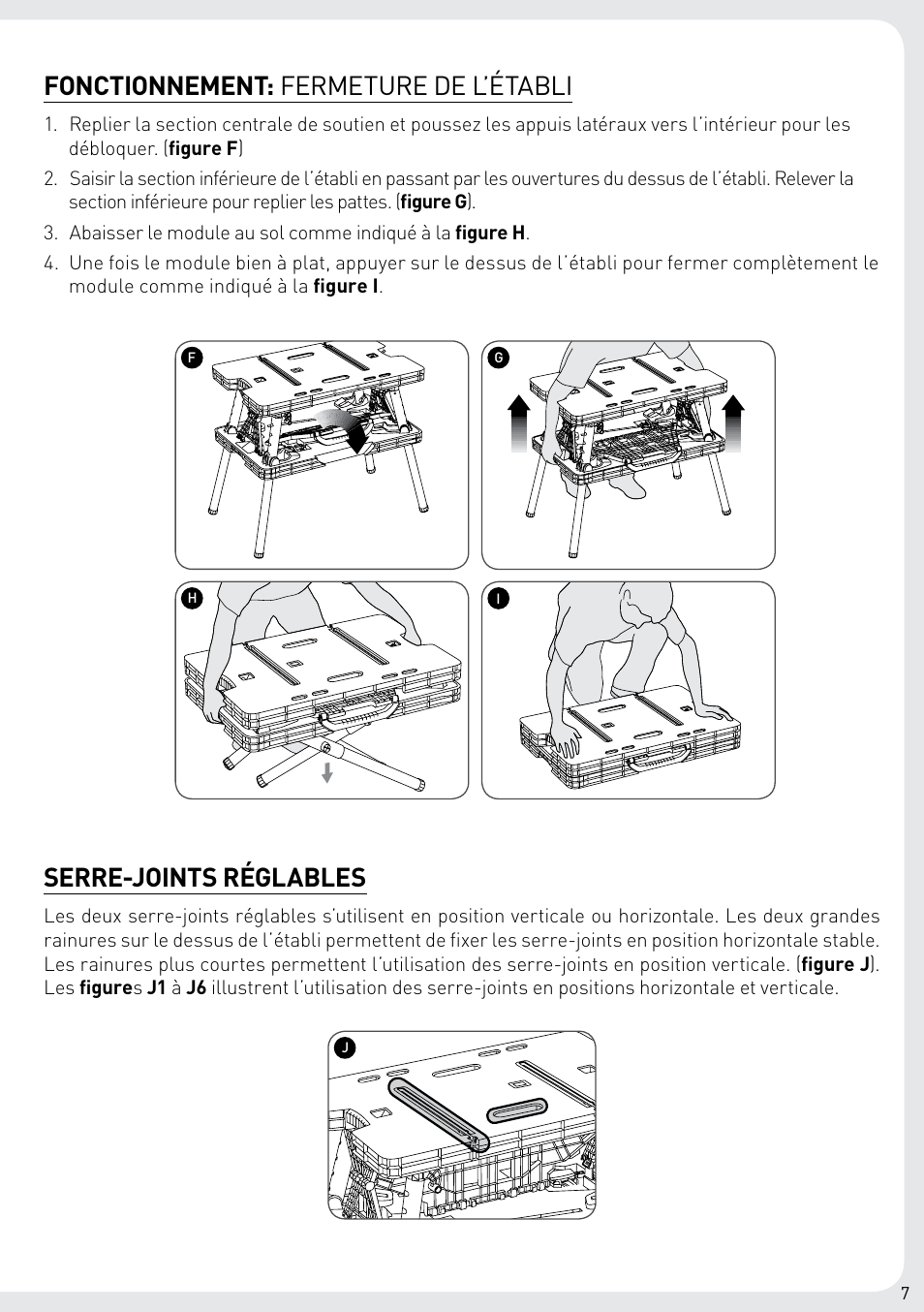 Fonctionnement: fermeture de l’établi, Serre-joints réglables | Keter Folding Work Table EX User Manual | Page 9 / 20