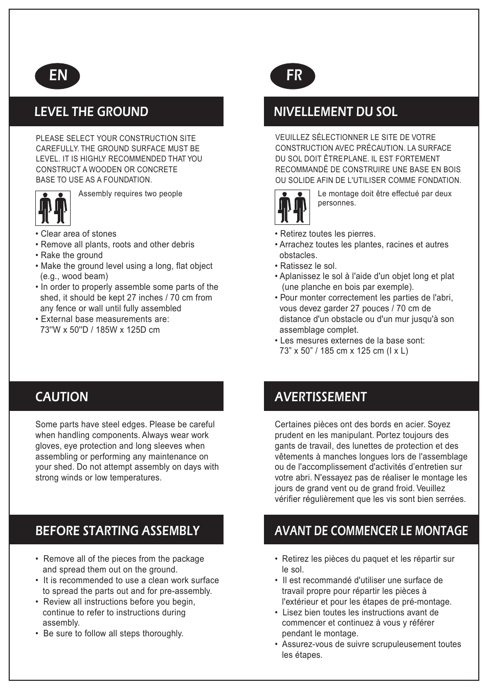 En fr, Level the ground, Caution | Before starting assembly, Nivellement du sol, Avertissement, Avant de commencer le montage | Keter Manor 4X6 User Manual | Page 2 / 19