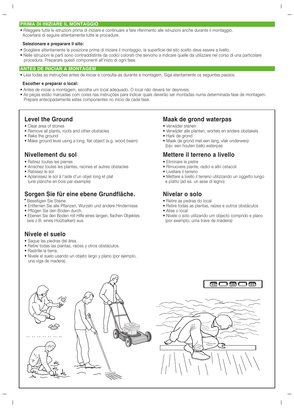 Maak de grond waterpas, Mettere il terreno a livello, Nivelar o solo | Level the ground, Nivellement du sol, Sorgen sie für eine ebene grundfläche, Nivele el suelo | Keter Pent 4x6 User Manual | Page 4 / 32