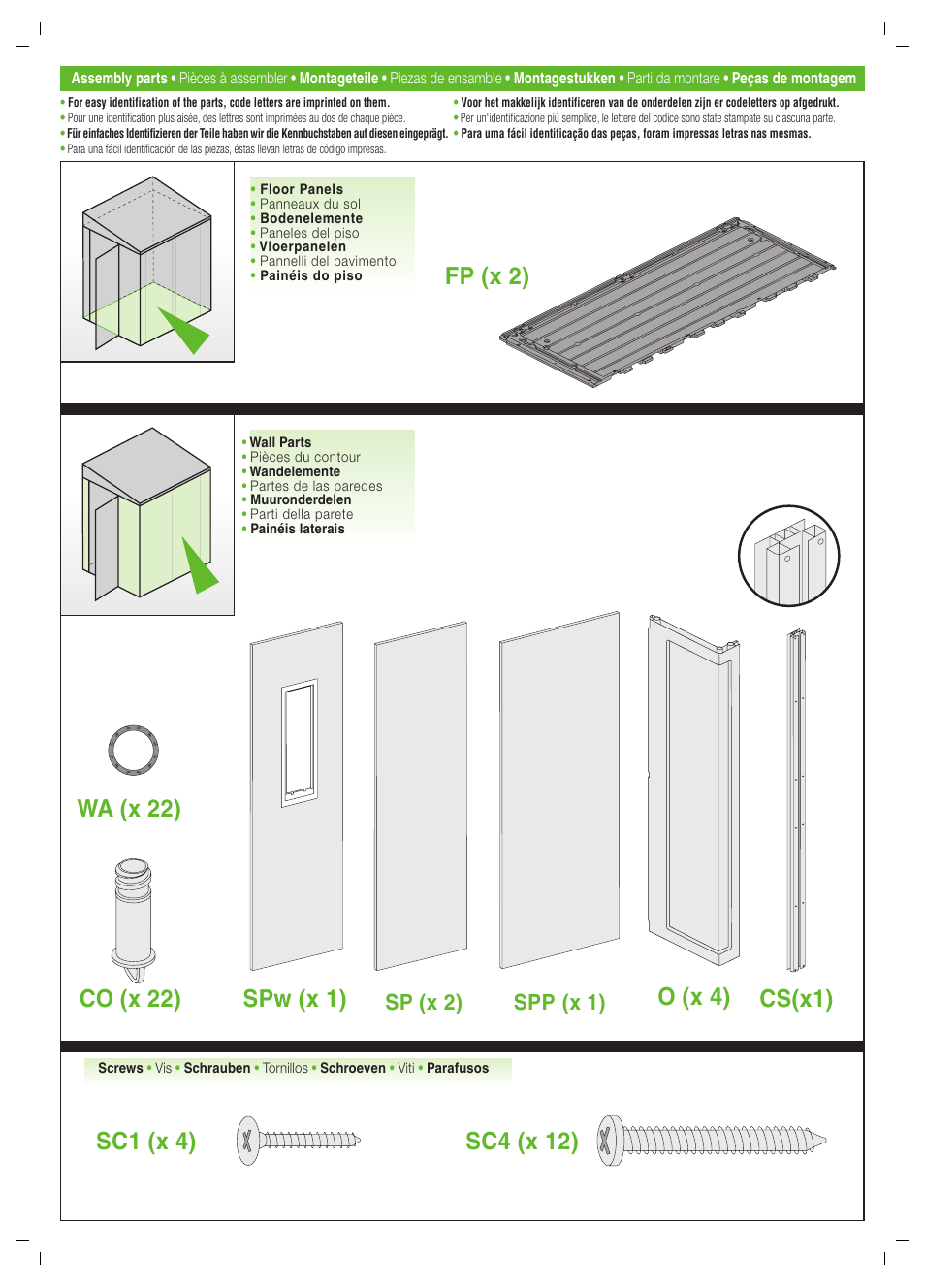 Parts, Fp (x 2), Co (x 22) spw (x 1) | O (x 4) cs(x1), Wa (x 22), Sp (x 2), Spp (x 1) | Keter Pent 4x6 User Manual | Page 5 / 32