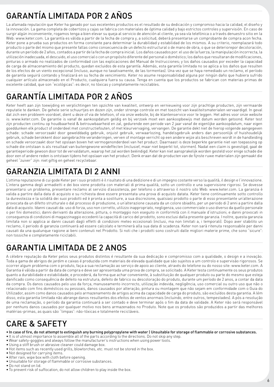 Garantía limitada por 2 años, Garanzia limitata di 2 anni, Garantia limitada de 2 anos | Care & safety | Keter Borneo Storage Box User Manual | Page 7 / 8