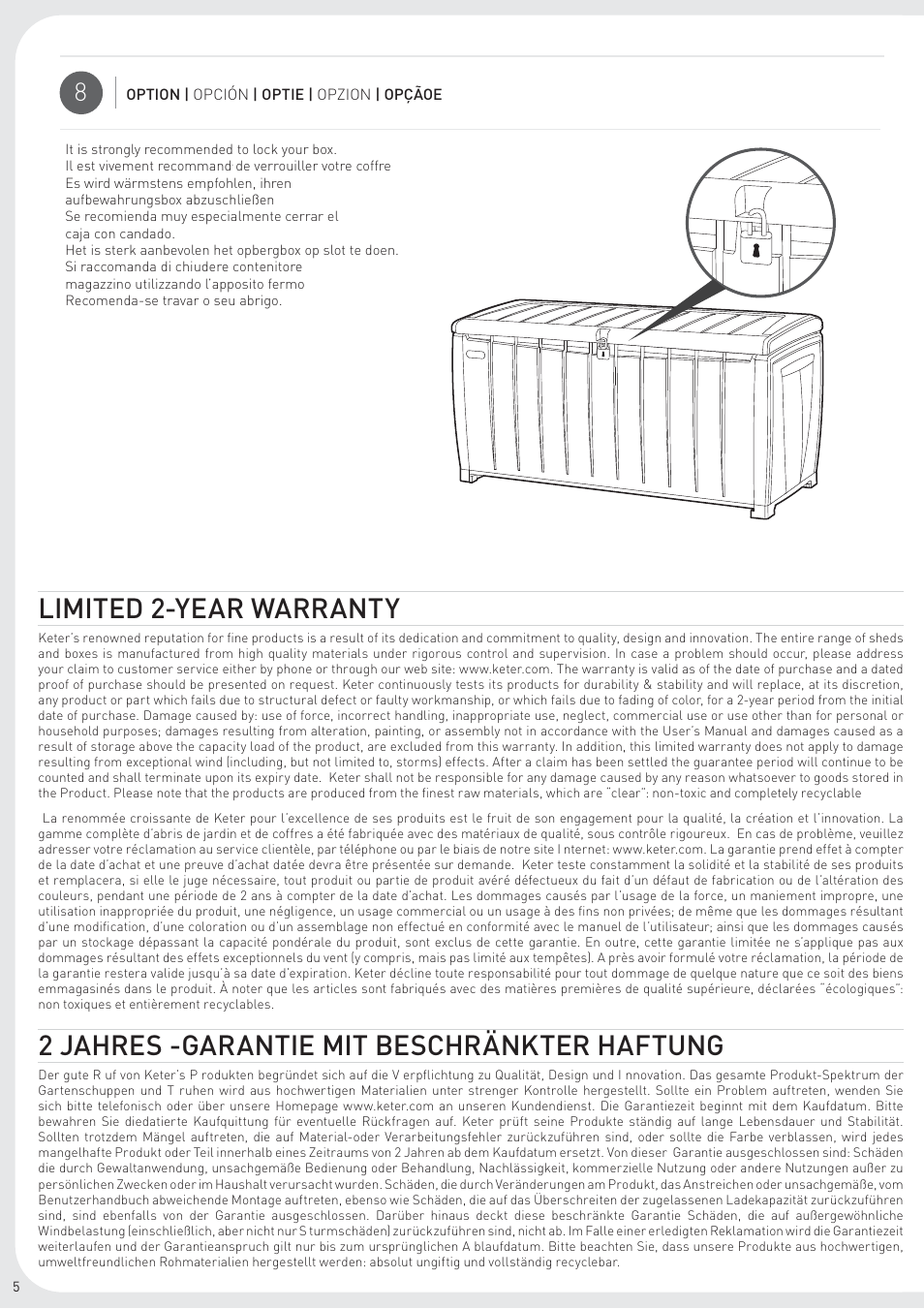 Limited 2-year warranty, 2 jahres -garantie mit beschränkter haftung | Keter Novel Storage Box User Manual | Page 6 / 8