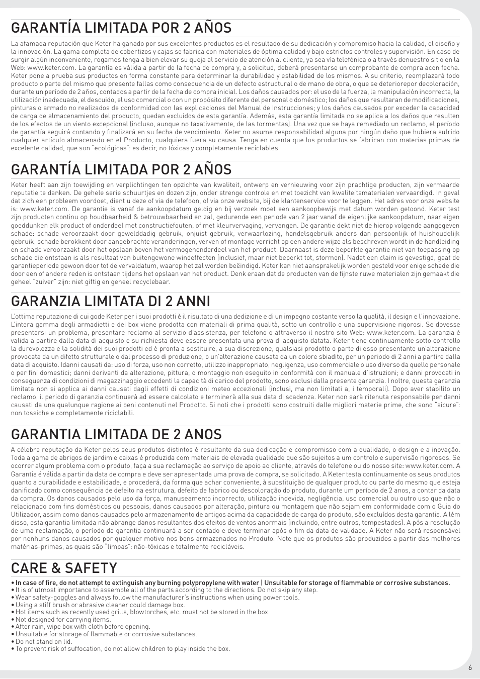 Garantía limitada por 2 años, Garanzia limitata di 2 anni, Garantia limitada de 2 anos | Care & safety | Keter Novel Storage Box User Manual | Page 7 / 8