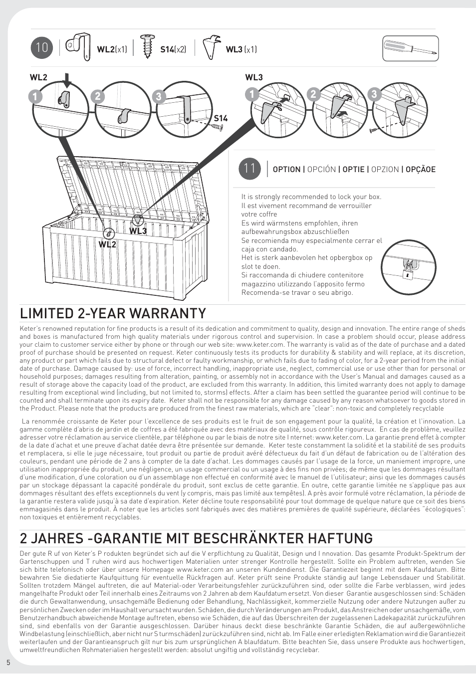 Limited 2-year warranty, 2 jahres -garantie mit beschränkter haftung | Keter Rockwood Deck Box User Manual | Page 6 / 8