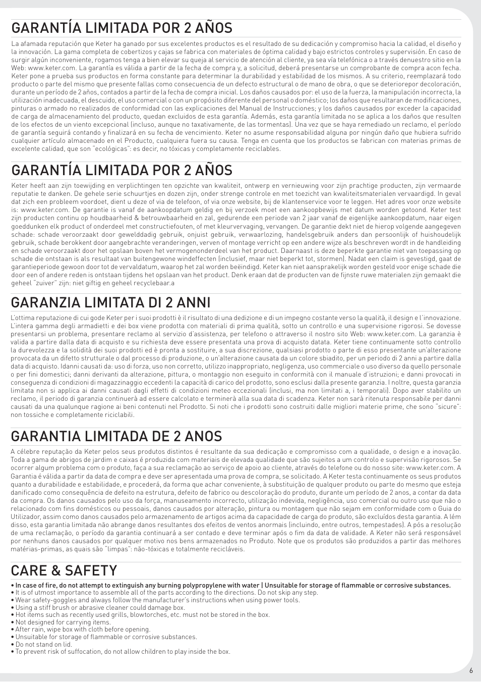 Garantía limitada por 2 años, Garanzia limitata di 2 anni, Garantia limitada de 2 anos | Care & safety | Keter Rockwood Deck Box User Manual | Page 7 / 8