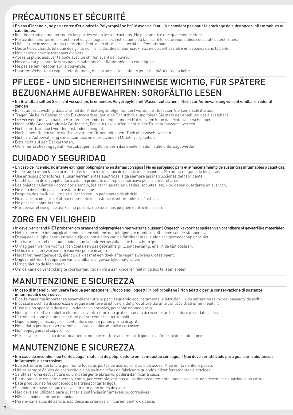 Précautions et sécurité, Cuidado y seguridad, Zorg en veiligheid | Manutenzione e sicurezza | Keter Rockwood Deck Box User Manual | Page 8 / 8