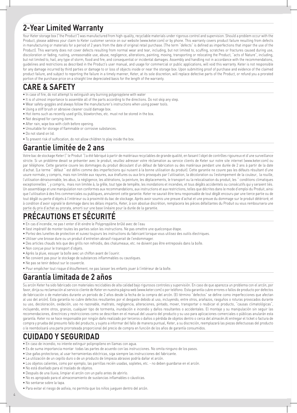 Year limited warranty, Care & safety, Garantie limitée de 2 ans | Précautions et sécurité, Garantía limitada de 2 años, Cuidado y seguridad | Keter Storage Cube User Manual | Page 4 / 8