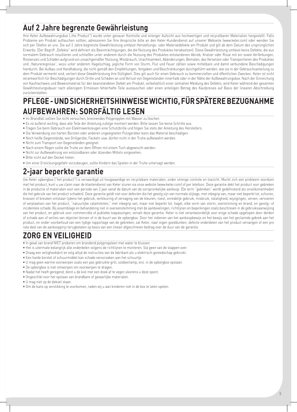 Auf 2 jahre begrenzte gewährleistung, Jaar beperkte garantie, Zorg en veiligheid | Keter Storage Cube User Manual | Page 5 / 8