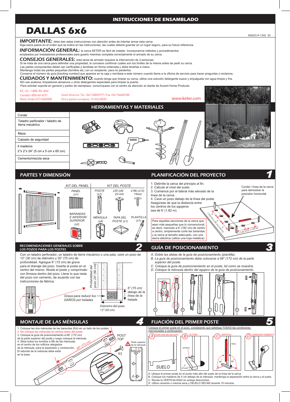 Dallas 6x6, Instrucciones de ensamblado, Partes y dimensión | Planificación del proyecto, Guía de posicionamiento, Montaje de las ménsulas fijación del primer poste, Herramientas y materiales, Importante, Información general, Consejos generales | Keter Dallas 6 User Manual | Page 3 / 4