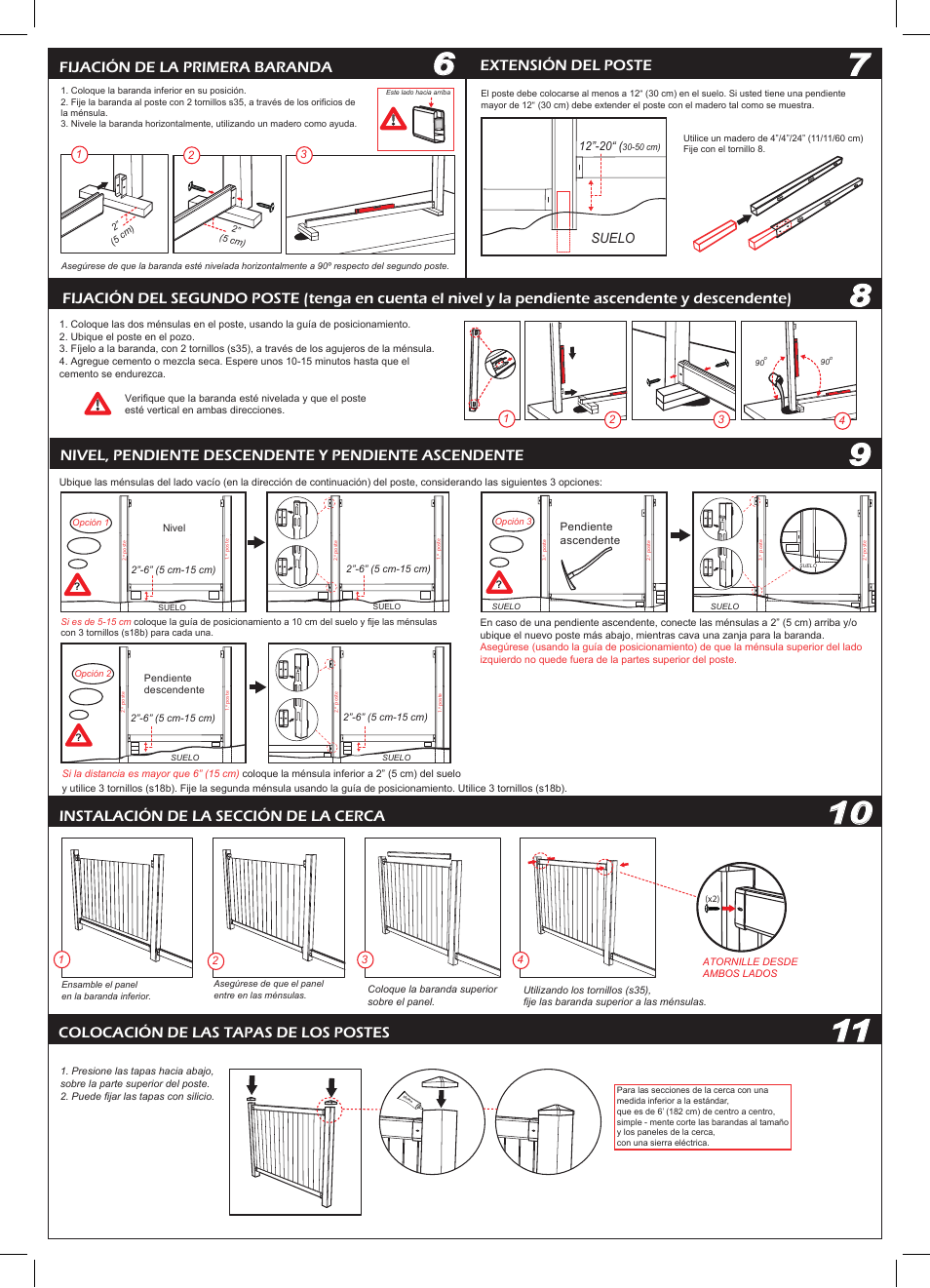Colocación de las tapas de los postes, Fijación de la primera baranda, Extensión del poste | Instalación de la sección de la cerca, Suelo | Keter Dallas 6 User Manual | Page 4 / 4