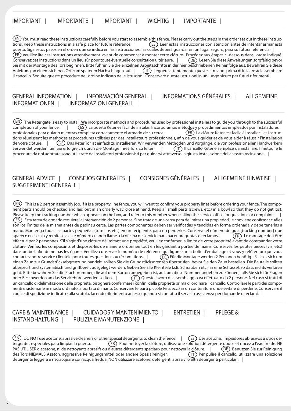 Important, Importante, Wichtig | General information, Información general, Informations générales, Allgemeine informationen, Informazioni generali, Care & maintenance, Cuidados y mantenimiento | Keter Privacy Gate 4x6 User Manual | Page 2 / 28