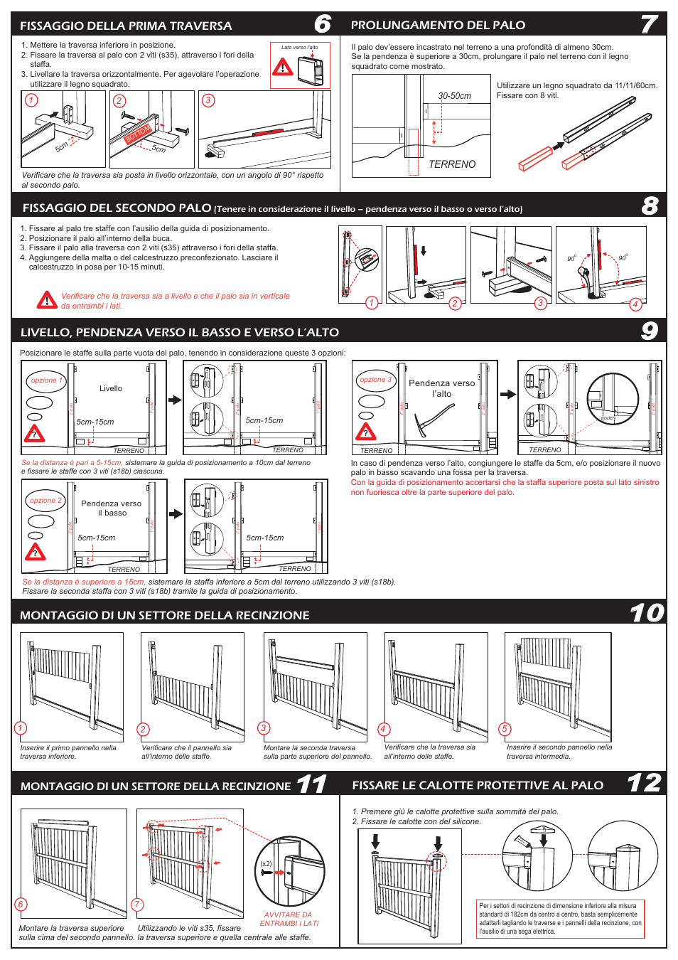 Fissare le calotte protettive al palo, Fissaggio della prima traversa, Livello, pendenza verso il basso e verso l’alto | Fissaggio del secondo palo, Prolungamento del palo, Montaggio di un settore della recinzione | Keter Springfield 6 User Manual | Page 10 / 10