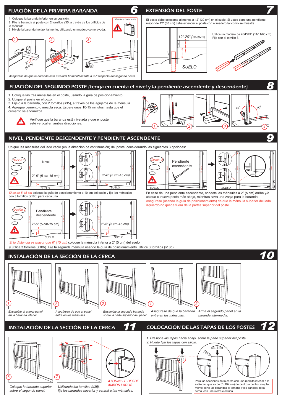 Colocación de las tapas de los postes, Fijación de la primera baranda, Extensión del poste | Instalación de la sección de la cerca, Suelo | Keter Springfield 6 User Manual | Page 4 / 10